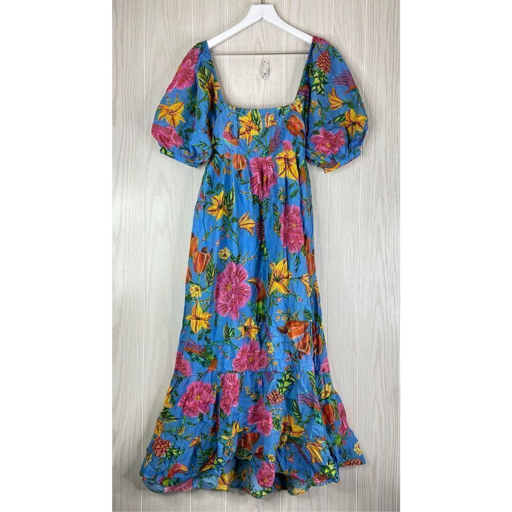 Farm Rio Toucans Garden Midi Dress Womens Floral Square Neck Puff Sleeve XS